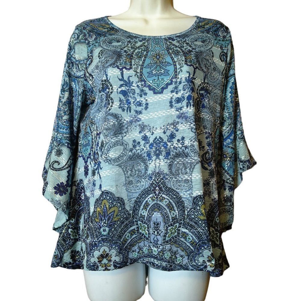 One World Live and Let Live Medium Paisley Print 3/4 Bell Sleeve Blouse Boho